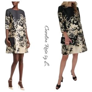 NWT Caroline Rose Jacquard Black and Gold Floral Dress sz L